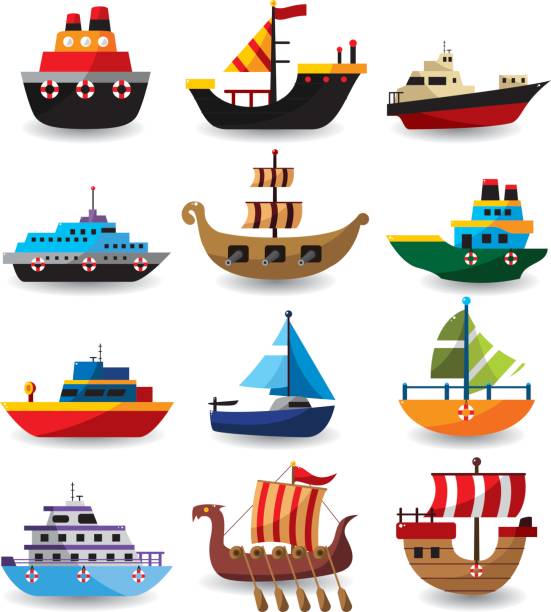 illustrazioni stock, clip art, cartoni animati e icone di tendenza di set di barca - wooden raft illustrations