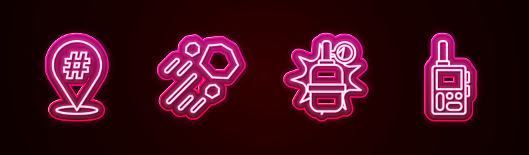 Set line Protest, Flying stone, Hand grenade and Walkie talkie. Glowing neon icon. Vector.