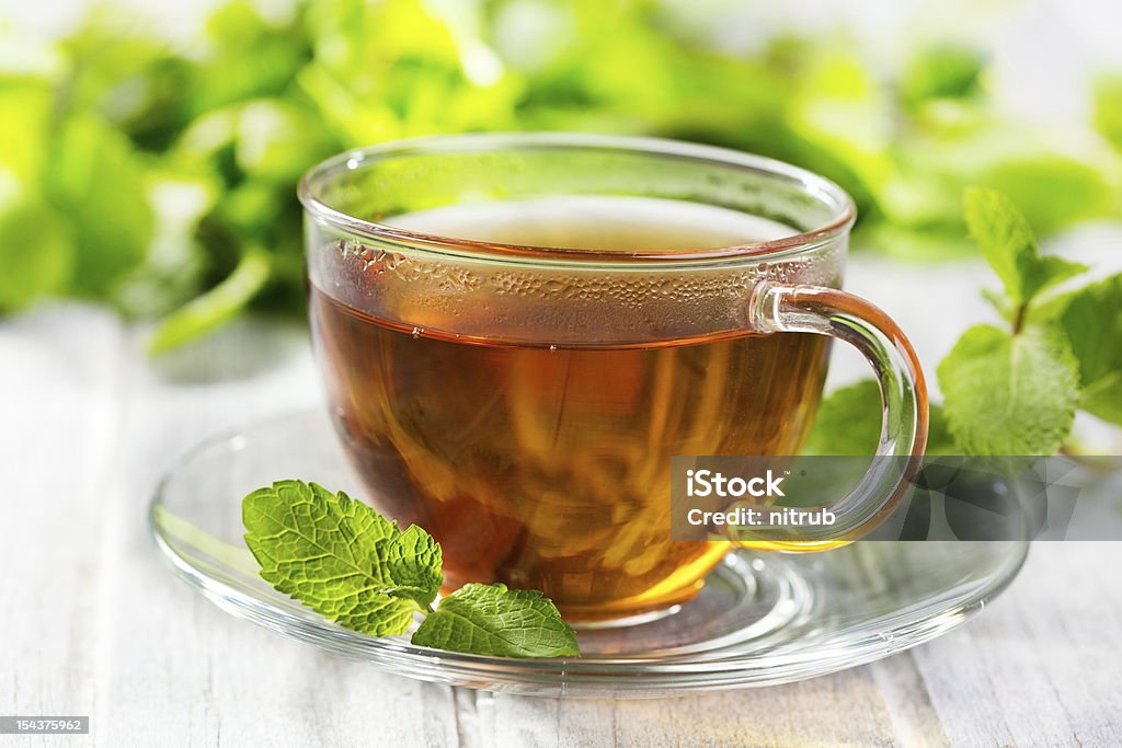 cups of tea with mint cups of tea with mint on wooden table Breakfast Stock Photo