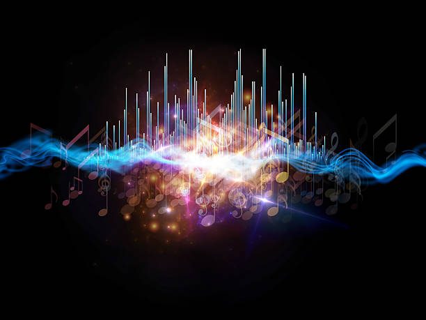 Interplay of graphic analyzer bars, music notes, lights and abstract design elements on the subject of music, concert performance, sound and entertainment
