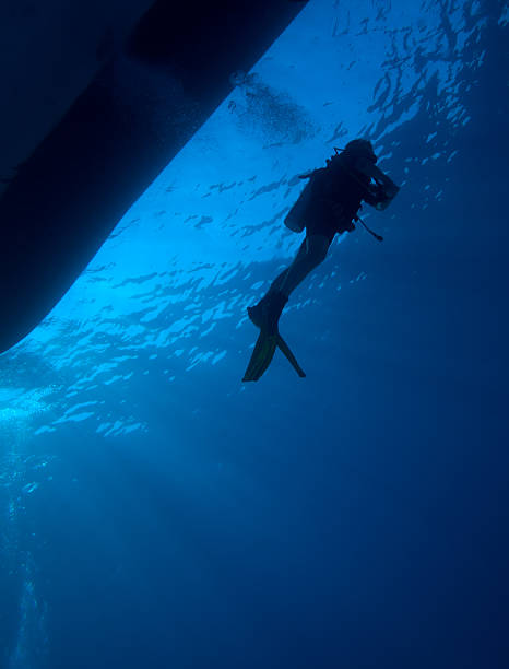 istock Silhouette of diver with sun disk behind 154378712