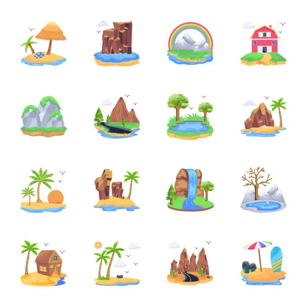 Vector illustration of Bundle of Island Views Flat Vectors