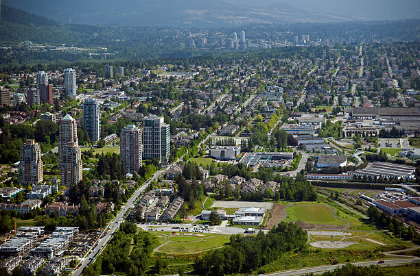Vancouver Aerial - Burnaby and New Westminster Modern buildings of Burnaby, British Columbia, Canada new westminster stock pictures, royalty-free photos & images