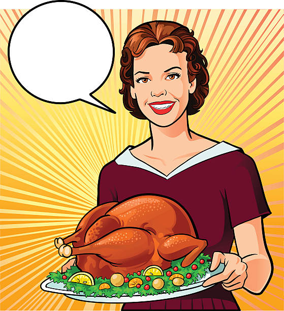 Retro Style Woman Holding Roasted Turkey Young vintage woman is proudly taking a delicious roasted turkey to her family at the dining table. The woman and turkey with garnish are placed on separate layers. funny thanksgiving stock illustrations