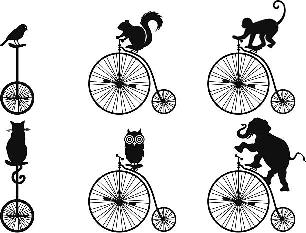 stary rower ze zwierzętami, wektor - unicycling stock illustrations