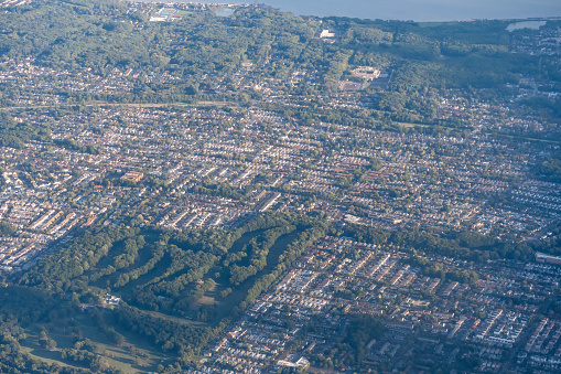 Aerial view of the Annandale neighborhood of Staten Island featuring the Blue Heron Nature center, Arbutus Woods Park, and Wolfe's Pond Park