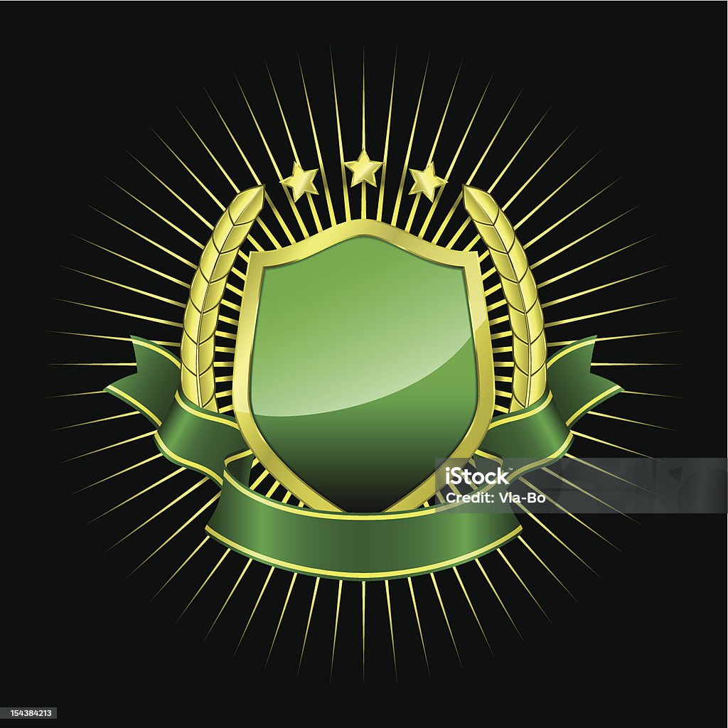 Golden_shield_with_green_ribbon Very detailed heraldic symbol. Vector illustration (EPS10). Colors and shapes are fully editable. Some of elements use transparancy and blend. Backgrounds stock vector