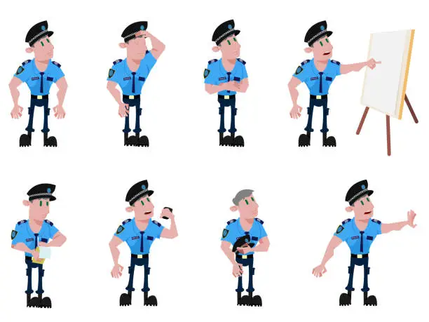 Vector illustration of Police Officer in eight different positions. Unarmed. Australian police uniform. Friendly situation. Public security service. call 000.