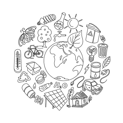 Ecology and Environment on the planet Earth Doodle Set, Circle Composition