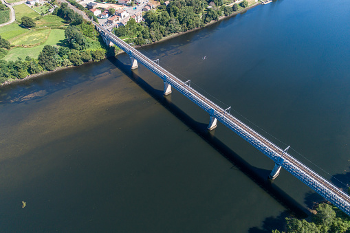 Aerial view of the international bridge over the Minho river between the Spanish town of Tui and the Portuguese town of Valença do Minho.