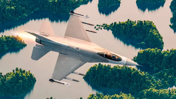 Military aircraft in flight equipped with missiles, combat set-up. F-16. The General Dynamics F-16 Fighting Falcon is an American single-engine supersonic multirole fighter aircraft. 3d rendering