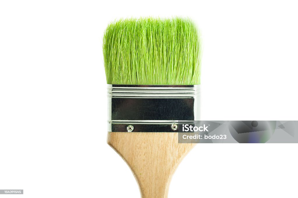 Green grass on paintbrush Paint brush with mat green color isolated on white. Greenwashing Stock Photo