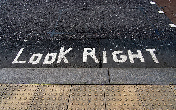 istock Look right road paint, sign 154393358