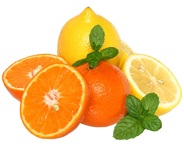 istock Sliced tangerine and lemon with leaf mint 154393692