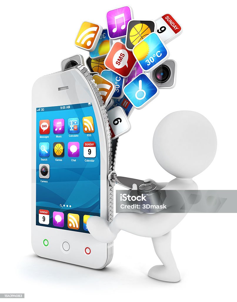 3d white people opens a smartphone 3d white people opens a smartphone with cloud of application icons, isolated white background, 3d image Men Stock Photo