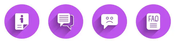 Vector illustration of Set Information, Speech bubble chat, Sad smile and FAQ information icon with long shadow. Vector