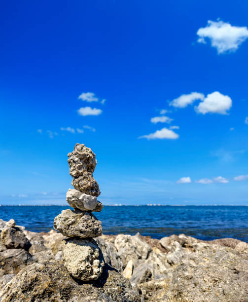 istock Balanced rock pile on rocky beach in sunny day 1543982045