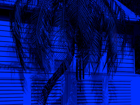 Wooden fence of residential building at night in tropical island, Key West, Florida
