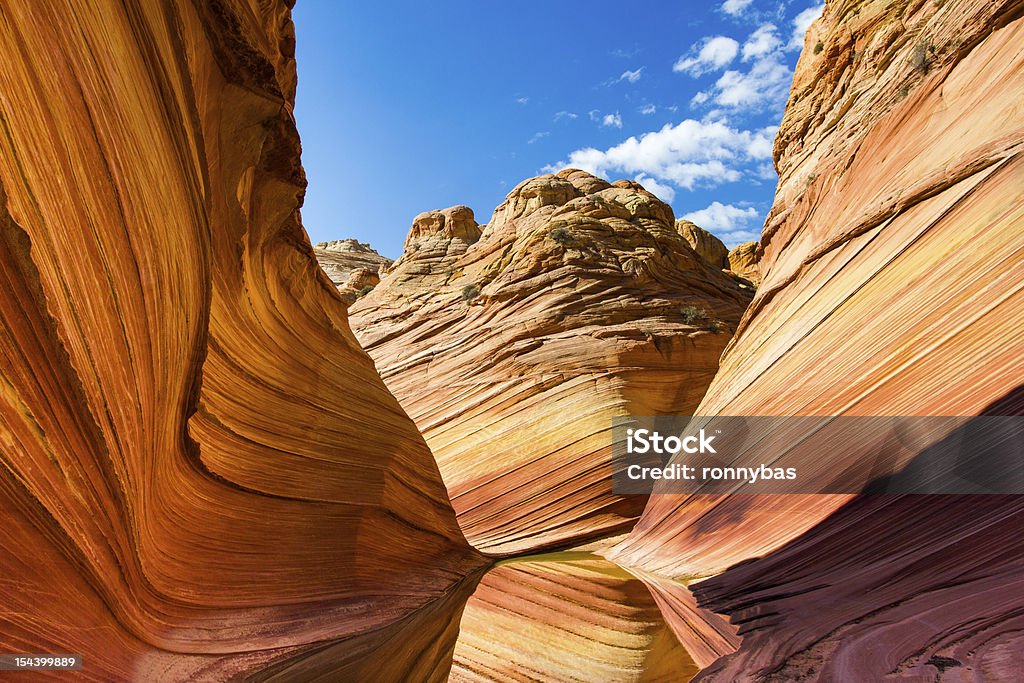 The Wave, Arizona Reflection at The Wave, a beautiful rock formation situated at the border between Utah and Arizona. Wave Rock Stock Photo
