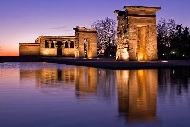 Ancient egyptian temple reflection at dusk