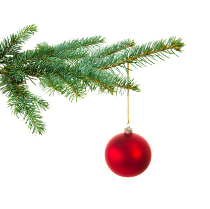 A photograph of a Christmas tree branch with one red ball