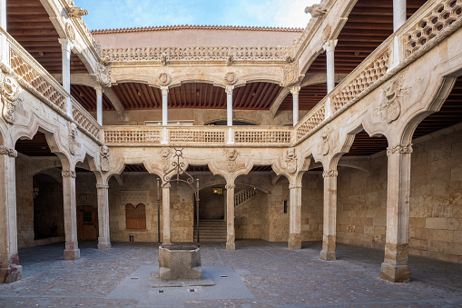 Salamanca, Spain - Mar 16, 2019: Casa de las Conchas (House of Shells) Courtyard - Salamanca, Spain