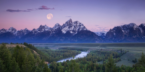 Panoramic of a full moon setting over the mountains of Grand Teton National Park prior to sunrise, as seen from the Snake River Overlook.  File sizes up to XL available.