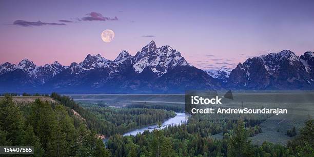 Moon Setting Over The Tetons Stock Photo - Download Image Now - Teton Range, Moon, Grand Teton