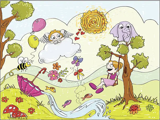 Vector illustration of Child in dream garden