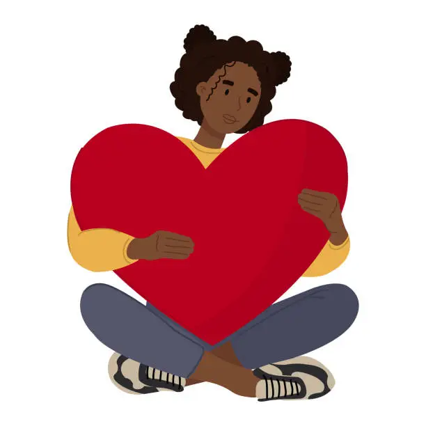 Vector illustration of African American woman seating holding a heart in her hands.