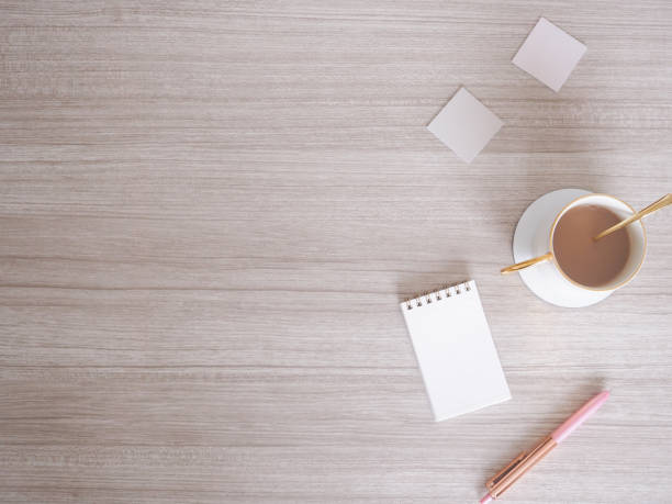 istock Flat lay top view of wood grain desk, simple desk frame image 1544107742