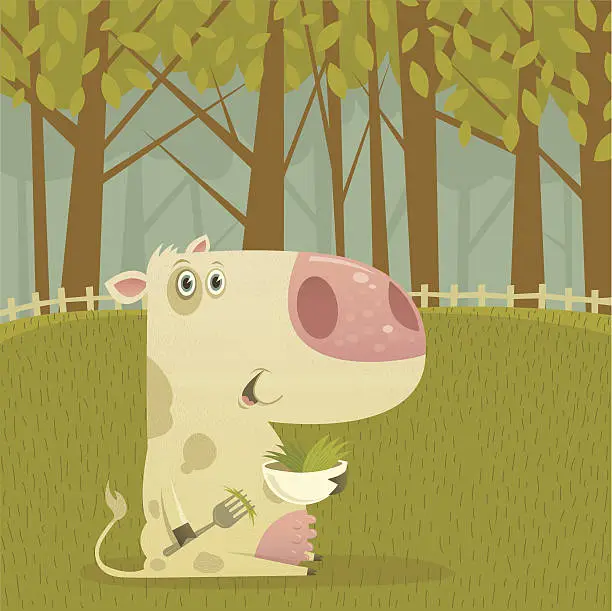 Vector illustration of Happy Grass Fed Cow Eating in the Pasture