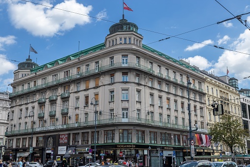 Vienna, Austria - July 7, 2016: Opened in 1892, the luxurious Hotel Bristol, a Luxury Collection Hotel, set directly next to the Vienna State Opera.