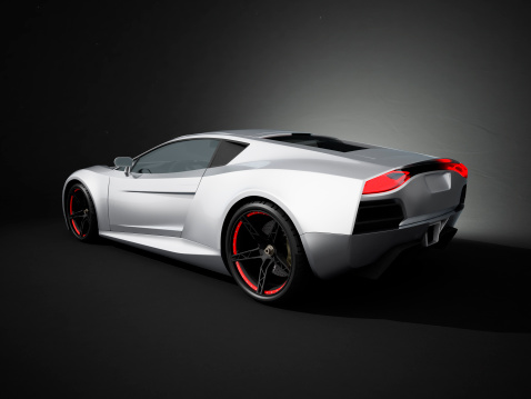 Silver Sport Car On Black Studio Background Stock Photo - Download
