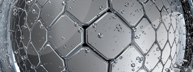 Hexagonal pattern and water droplets Cool and fresh air Silver abstract, elegant and modern 3D rendering imagehigh Resolution 3D rendering image