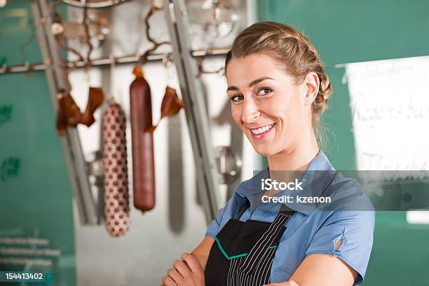 Woman Or Female Butcher In Butchers Shop Stock Photo - Download Image Now - Adult, Beautiful People, Beauty