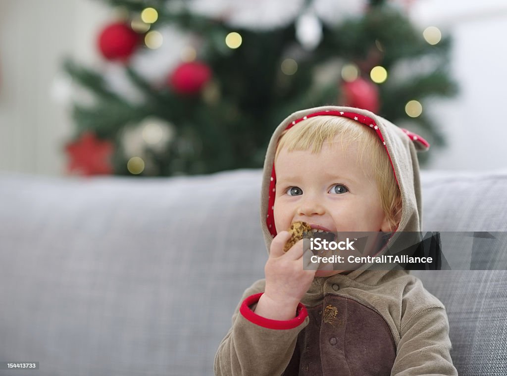 Roupa de bebê feliz comendo biscoitos de Natal - Foto de stock de Animal royalty-free