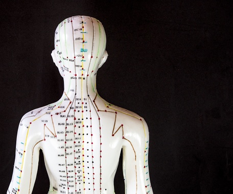A dummy with glowing acupuncture meridians displayed against a dark background