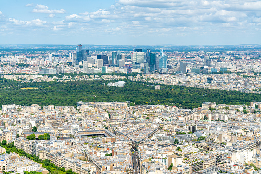 Shot of the city skyline from the Eiffel Tower observation deck