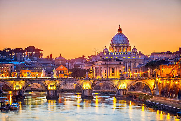 ver no tibre e catedral de são pedro durante a noite, roma - basilica imagens e fotografias de stock