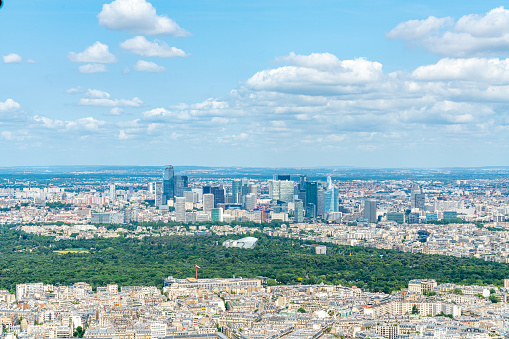 View of the city skyline from the Eiffel Tower observation deck in Paris, France