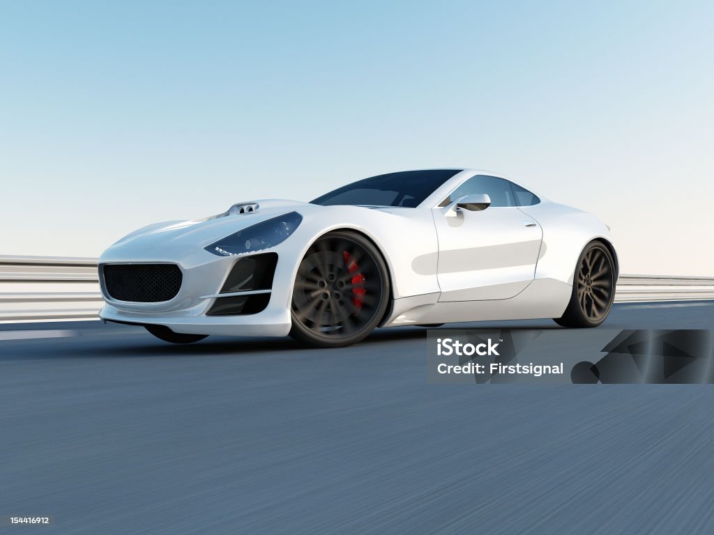 white super car on the racing track This white sport car is a concept design is made by myself. This super sport car comes without any manufacture brands. The image is a CGI. Status Car Stock Photo