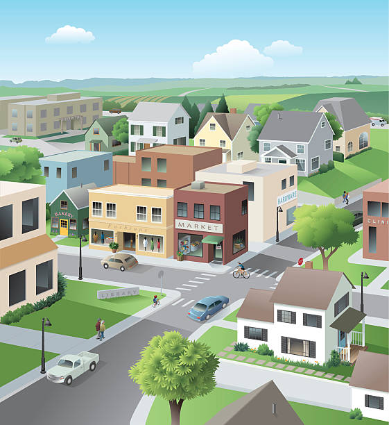 Main Street The Main Street of a small community with market, clothing store, library, clinic and bakery as well as houses, cars and people going about their business. Many separate layers. AI8. No transparency used. residential district illustrations stock illustrations