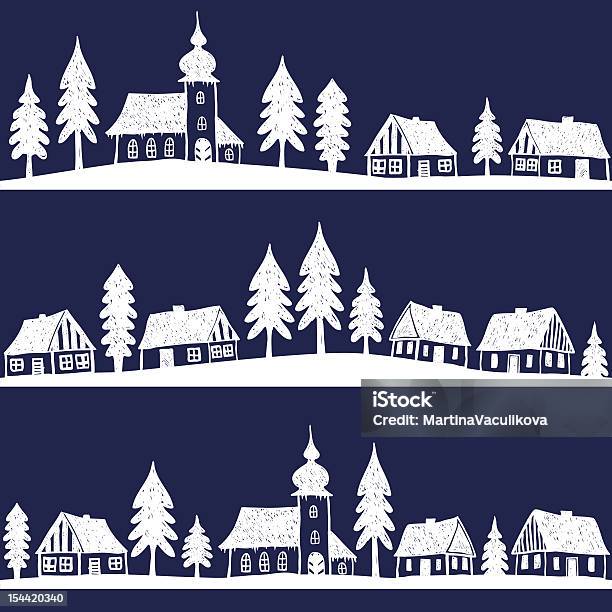 Seamless Pattern Of A Christmas Village With A Church Stock Illustration - Download Image Now