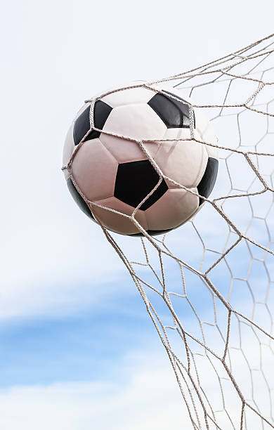 istock soccer ball in goal net 154420647