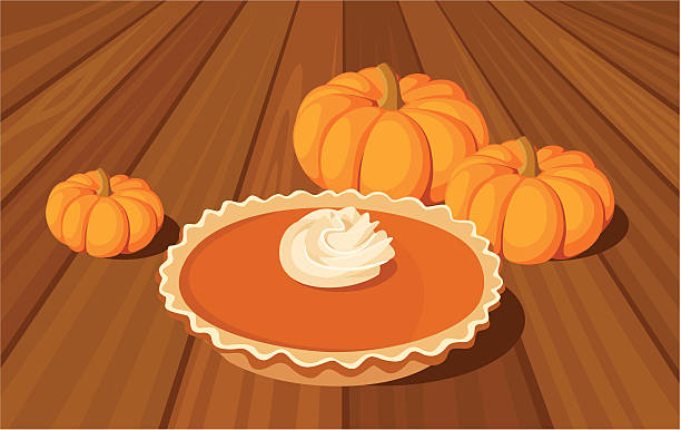 Pumpkin pie and orange pumpkins. Vector illustration. Vector illustration of pumpkin pie and orange pumpkins on wooden table. dollop whipped cream stock illustrations