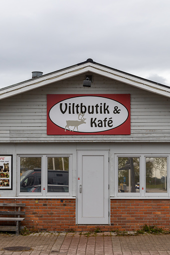 Arjeplog, Sweden June 8, 2023 The facade and entrance to the Viltbutik and Cafe, a store selling reindeer products.