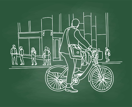 Bike share system in financial district.  A businessman is riding a rented bicycle to work. Vector hand drawn sketch illustration.