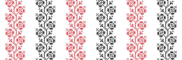 Vector illustration of Ukrainian dog-rose, brier embroidery pattern in red and black color. Pixel art, vyshyvanka, cross stitch. Ukrainian ethnic, folk vector dog-rose pattern, ornament, print