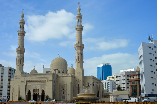 Sharjah, United Arab Emirates, March 17, 2023 : The Al Ittihad Monument at the Al Ittihad Park in Sharjah city, United Arab Emirates